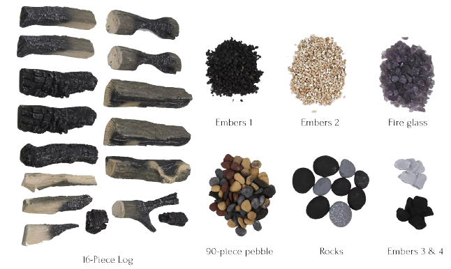 SPLIT LOG - 16 Piece Deluxe Media Kit Includes: 16 logs, stones, pebbles & embers