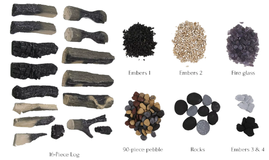 SPLIT LOG - 16 Piece Deluxe Media Kit Includes: 16 logs, stones, pebbles & embers
